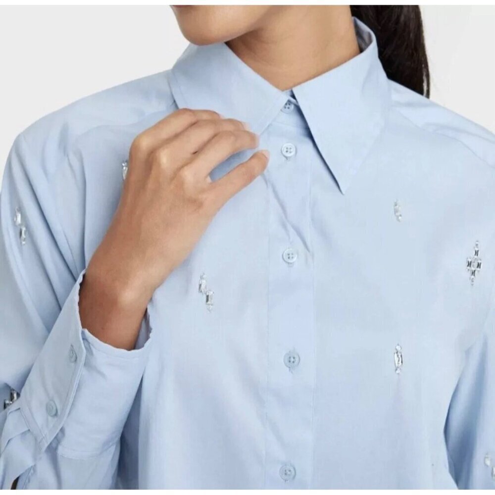 A New Day Women's Baby Blue Collar Cropped Rhinestones size M NWT - Picture 3 of 5